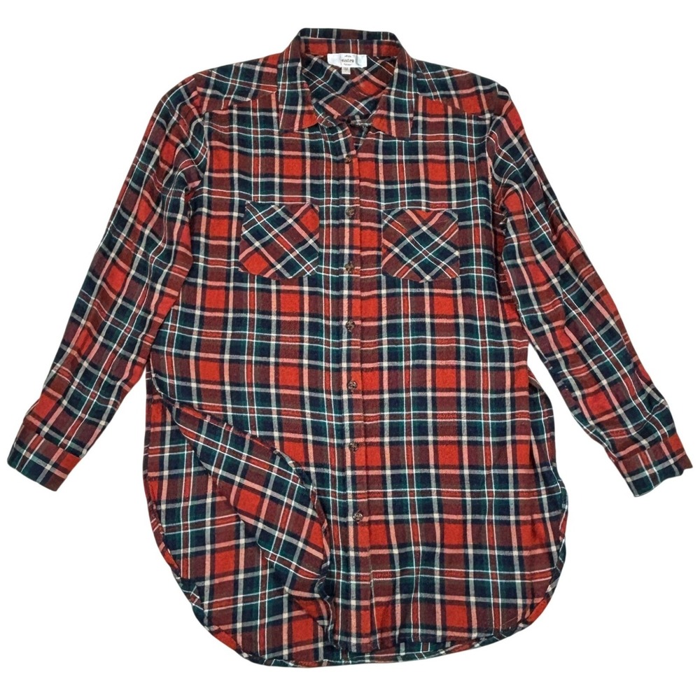 Entro Womens Red Navy Blue Plaid Tunic Button Down Flannel Shirt T3879 Medium
